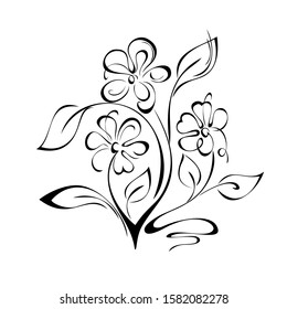 stylized twig with blossoming flowers, leaflets and curls in black lines on a white background