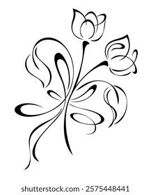 stylized twig with blossoming flowers, leaves and curls; graphic decor