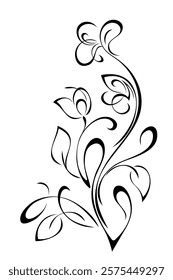 stylized twig with blossoming flowers, leaves and curls; graphic decor