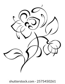 stylized twig with blossoming flowers, leaves and curls; graphic decor