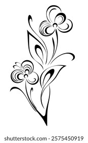 stylized twig with blossoming flowers, leaves and curls; graphic decor