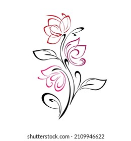 stylized twig with flower buds, leaves and curls. graphic decor