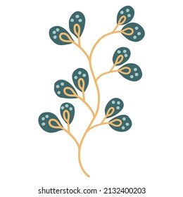 Stylized twig, leaf, flower for decoration. Vector color illustration in a flat Scandinavian style, isolated on a white background.