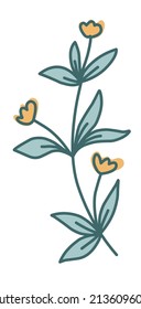Stylized twig, leaf, flower for decoration. Vector color illustration in a flat Scandinavian style, isolated on a white background.
