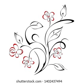 stylized twig with leaves and flowers in black lines on a white background