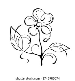 stylized twig with one blossoming flower with large petals, leaflets and curls in black lines on a white background