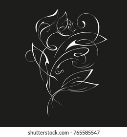 stylized twig of a rose in white lines on a black background