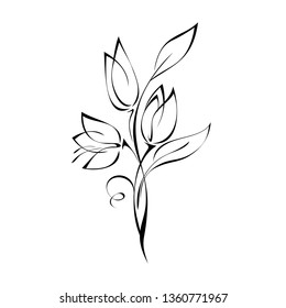 stylized twig with three flower buds and leaves in black lines on white background