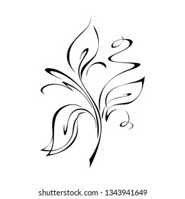 stylized twig with three leaves and curls in black lines on a white background