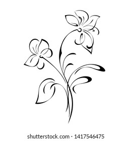 stylized twig with two flowers, a leaf and curls in black lines on a white background