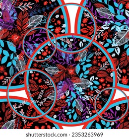 Stylized twigs red and blue seamless pattern. Floral circles. Vector illustration