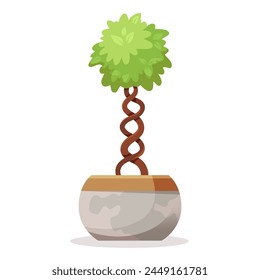 Stylized twisted tree in a pot, flat design, isolated on a white background, concept of decorative plant. Vector illustration