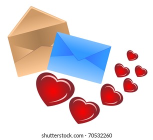 Stylized two envelope with silhouettes of hearts taking off from it