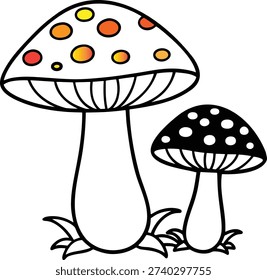 Stylized two mushrooms one with orange and yellow spots the other black with white spots set against a white backdrop