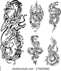 Stylized two-headed dragons. Set of black and white vector illustrations.