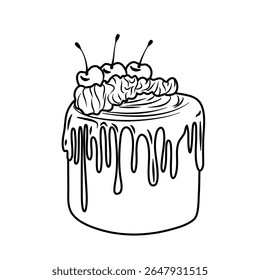Stylized two-layer cake with chocolate frosting and fresh cherries on top over transparent background Ideal for dessert menus or recipe blogs.