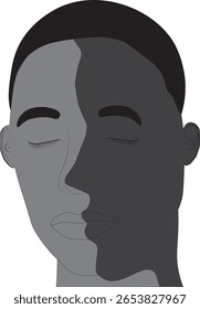 Estilizado dois tons abstrato face arte com olhos fechados, simbolizando identidade, contraste, e dualidade emocional. Ideal para temas conceituais, artísticos ou psicológicos.