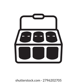 A stylized, two-tone illustration depicts a compact cosmetic case with a handle on top. The case features six circular compartments, three on the top row and three on the bottom, all uniformly shaped.