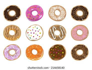 Stylized types of Donuts Vector. Isolated Illustration collection 