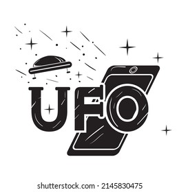 stylized UFO inscription, phone photographing a flying saucer, black and white image on an isolated background