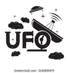 stylized UFO inscription, telescope receives a signal from a flying saucer, black and white image on an isolated background
