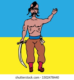 Stylized Ukrainian Cossack with a saber in his right hand on the background of the Ukrainian state flag vector drawing