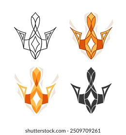 Stylized Ukrainian State Emblem Trident in line, colorful, monochrome styles.