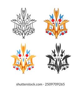 Stylized Ukrainian State Emblem Trident in line, colorful, monochrome styles.