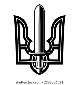Tridente ucraniano estilizado con forma de espada. Cartel ucraniano. Diseño para etiquetas, insignias, emblemas, carteles. Ilustración del vector