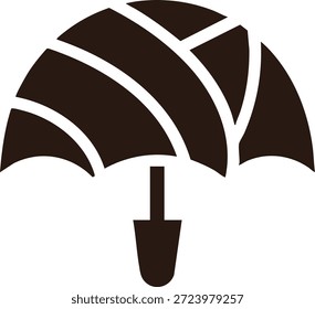 Un paraguas estilizado desde arriba con paneles segmentados en negrita y un mango central corto en negro y bronceado.