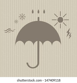 stylized umbrella silhouette surrounded by the forces of nature icons on the seamless striped vintage background vector