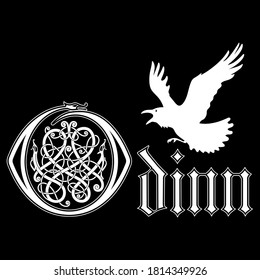 Stylized under the Old Norse inscription - Odin, the ancient Scandinavian supreme God and the flying Raven, vector illustration