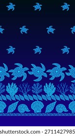 A stylized underwater pattern featuring tribal sea turtles, coral, and shells in bright cyan on a deep blue gradient. Perfect for textiles, wallpapers, and ocean-themed designs.
