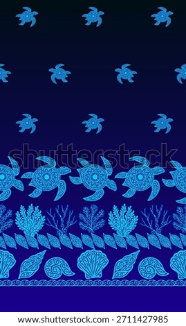 A stylized underwater pattern featuring tribal sea turtles, coral, and shells in bright cyan on a deep blue gradient. Perfect for textiles, wallpapers, and ocean-themed designs.
