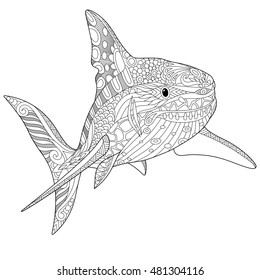 Stylized underwater shark, isolated on white background. Freehand sketch for adult anti stress coloring book page with doodle and zentangle elements.