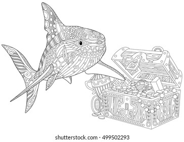 Stylized underwater shark and treasure chest full of gold. Freehand sketch for adult anti stress coloring book page with doodle and zentangle elements.