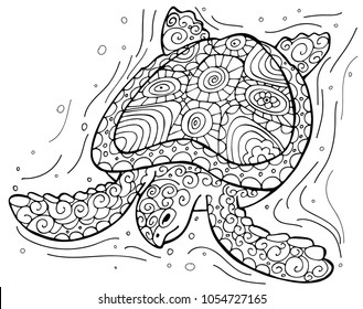 Stylized underwater turtle isolated on white background. Perfect for adult antistress coloring page, T shirt print, logo or tattoo with doodle, invitation, greeting card.