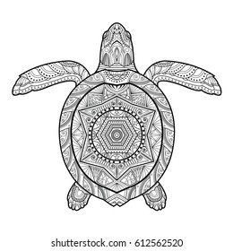 Stylized underwater turtle (tortoise), isolated on white background. Freehand sketch for adult anti stress coloring book page with doodle