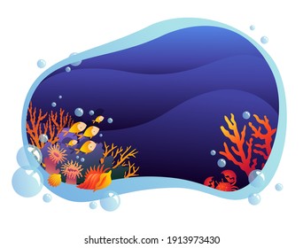 Stylized underwater world in a frame. Colored vector illustration. Fish, corals, algae and waves.