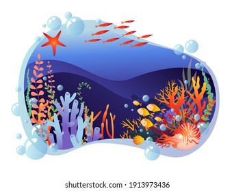 Stylized underwater world in a frame. Colored vector illustration. Fish, corals, algae and waves.