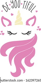 stylized unicorn face with romantic phrase and hearts
