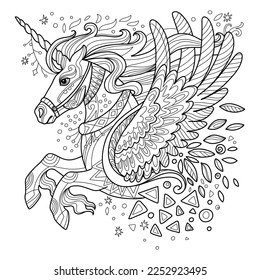 Unicornio estilizado con alas. Dibujo a mano de la ilustración del vector de contorno negro. Para la página de coloreado antiestrés adulto, impresión, diseño, decoración, camiseta, emblema, logotipo o elementos de diseño ornamentados con tatuajes.