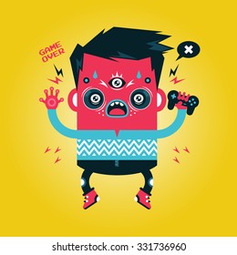 Stylized Unusual Character with Joystick. Modern Colors. Vector Illustration