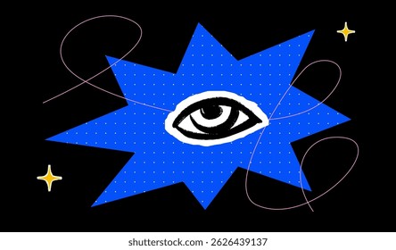 A stylized unusual composition with a hand-drawn eye on pieces of torn paper against a dotted star background. Bright textured print or cover.