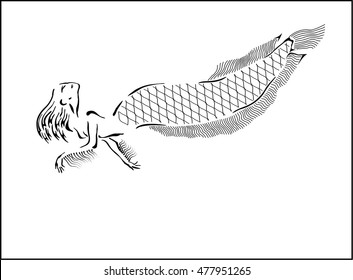 Stylized unusual mermaid with arapaima tail is looking up. Drawing by black lines of variable width