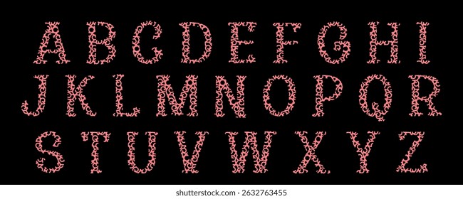 Stylized uppercase alphabet in pink ornamental curly style on black background. Whimsical and playful monogram set ideal for creative design, greeting cards, or decorative headlines.