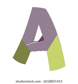 A stylized uppercase letter A with a striped purple and white pattern on the main body, and solid olive and lime green on the legs.