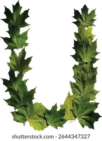 A stylized uppercase letter "U" is formed using vibrant green leaves, creating a natural and visually appealing design.