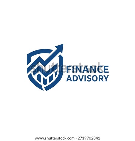 Stylized upward trending graph bars overlaid with increasing arrow inside shield shape for finance advisory and security concept
