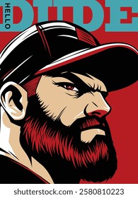 Stylized urban illustration of a man with a beard and cap in bold colors. Modern art concept, vector illustration
